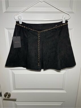 New Black Ibis L Black Mini Skirt/Skort Gold-Chain-Belt A-Line Clubwear Edgy NWT